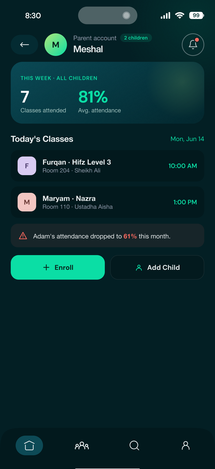 Nadwa — Parents screen